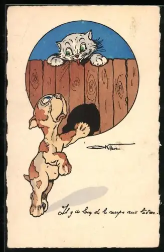 Künstler-AK Hund bei einer Katze am Zaun