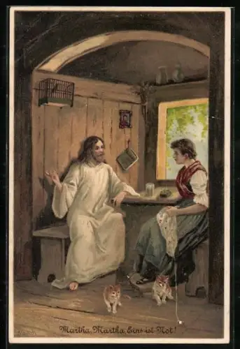Künstler-AK Alfred Mailick: Martha, Martha, Eins ist Not! Martha beim Nähen mit Katzen und Jesus