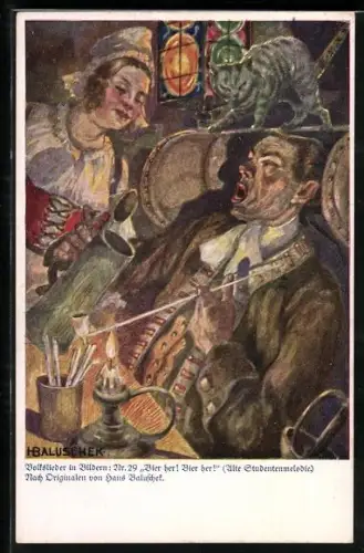 Künstler-AK H.Bahndorf: Volkslieder in Bildern: Nr. 29, Bier her! Bier her!