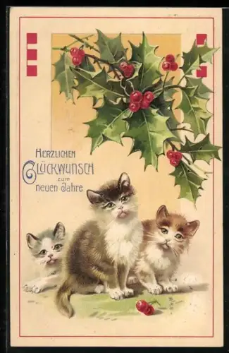 AK Drei kleine Katzen mit Mistelzweig, Neujahrsgruss