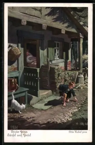 Künstler-AK Otto Kubel: Brüder Grimm, Hänsel und Gretel, Hänsel sammelt Steinchen auf