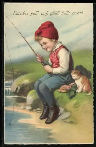 AK Kind mit einer Angel, Katze