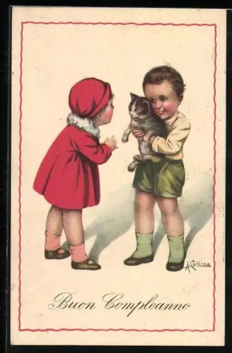 Künstler-AK sign. A. Collino: Junge und Mädchen mit einer Katze, Geburtstagsgruss