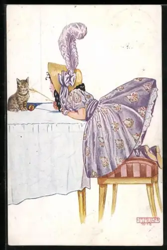 Künstler-AK sign. E. Müller: Fräulein spielt mit einem Kätzchen