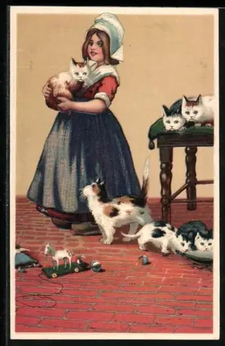 AK Niederländisches Mädchen in Tracht mit Katzen