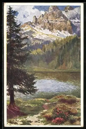 Künstler-AK E.F. Hofecker: Misurinasee mit den drei Zinnen, Deutscher Schulverein