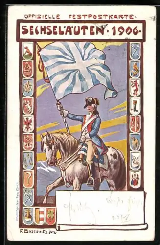 Künstler-AK Zürich, Sechsläuten 1906, Reiter mit Flagge, verschiedene Wappen