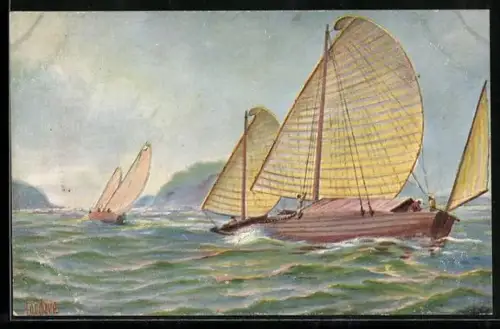 Künstler-AK Chr. Rave: Transportvaartuig in den Golf van Tonking, Tegenw. tijd.