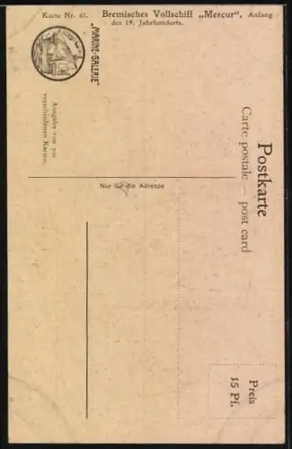 Künstler-AK Christopher Rave: Bremisches Vollschiff Mercur auf hoher See, Anfang des 19. Jahrhunderts