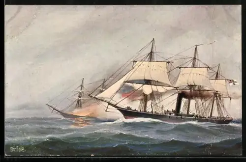 Künstler-AK Christopher Rave: Deutsche Korvette Augusta im Kampf mit frz. Dampfer, 1871