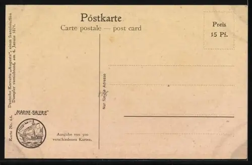 Künstler-AK Christopher Rave: Deutsche Korvette Augusta im Kampf mit frz. Dampfer, 1871