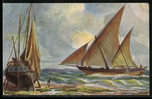 Künstler-AK Christopher Rave: Kalkutta, Transportboot auf dem Meer