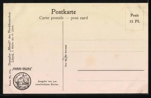 Künstler-AK Christopher Rave: Dampfer Mosel des Norddeutschen Lloyd auf hoher See, 2. Hälfte des 19. Jahrh.