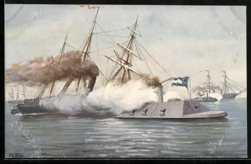Künstler-AK Christopher Rave: Charleston, Angriff von Panzerkanonenbooten auf das Blockadegeschwader vor Charleston 1861