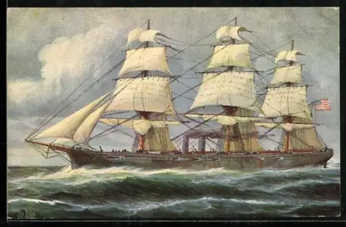Künstler-AK Christopher Rave: Amerikanisches Kriegsschiff mit Vollschifftakelung, II. Hälfte des 19. Jahrh.