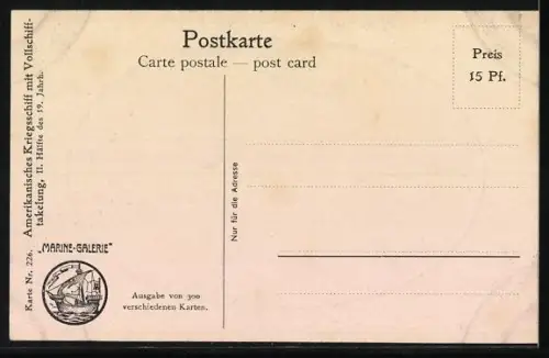 Künstler-AK Christopher Rave: Amerikanisches Kriegsschiff mit Vollschifftakelung, II. Hälfte des 19. Jahrh.