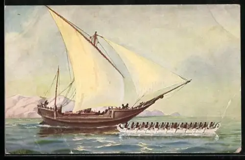 Künstler-AK Christopher Rave: Holztransportboot, Küste v. Malabar