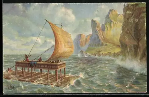 Künstler-AK Christopher Rave: Floss des Odysseus in Fahrt