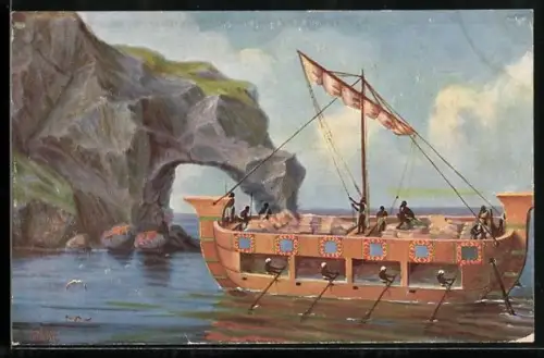 Künstler-AK Christopher Rave: Marine-Galerie, Karte Nr. 241, Assyrisches Lastschiff, 694 v. Chr.