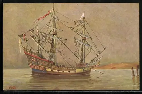 Künstler-AK Christopher Rave: Englisches Kriegsschiff vor einer Küste, 16. Jh.