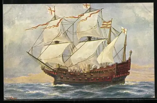 Künstler-AK Christopher Rave: Englisches Kriegsschiff im 16. Jahrhrundert auf hoher See