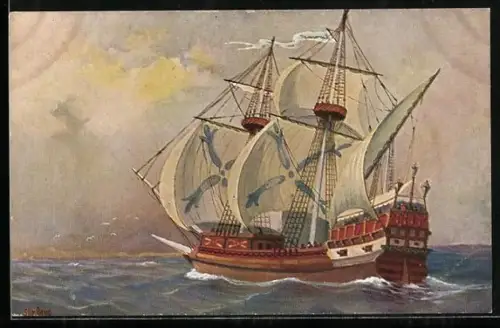 Künstler-AK Christopher Rave: Englisches Kriegsschiff, 15. Jh.