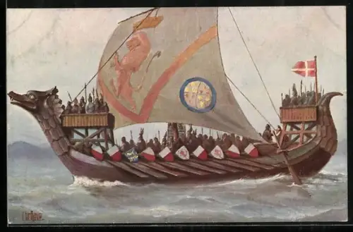Künstler-AK Christopher Rave: Skandinavisches Drachenboot, 10. Jh., Drakkar, Drachenschiff