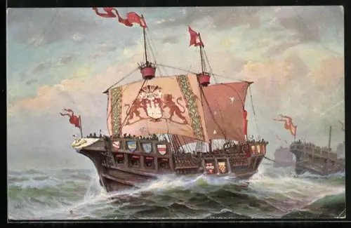 Künstler-AK Christopher Rave: Hansa-Kriegsschiff Die bunte Kuh, Heimkehr nach Gefangennahme Störtebeckers 1404