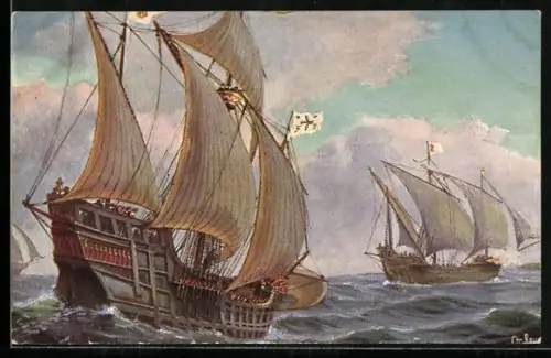 Künstler-AK Christopher Rave: Spanische Karavellen, Ende 15. Jh.