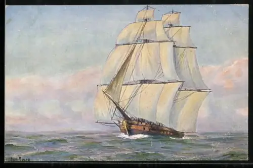 Künstler-AK Christopher Rave: Franz. Kriegsschiff unter Leesegel, Anfang des 19. Jahrh.