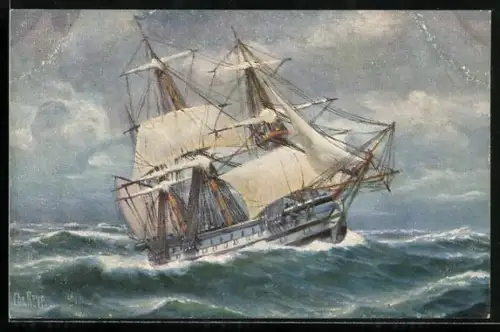 Künstler-AK Christopher Rave: Französisches Kriegsschiff im Sturm, Anfang 19. Jh.