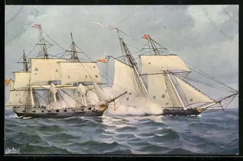 Künstler-AK Christopher Rave: Amerik. Schoner Rossie im Kampf mit engl. Schulschiff Princess Amelia, 1812