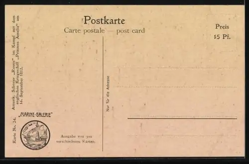 Künstler-AK Christopher Rave: Amerik. Schoner Rossie im Kampf mit engl. Schulschiff Princess Amelia, 1812