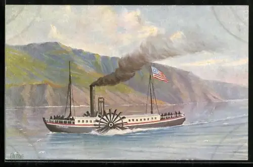 Künstler-AK Christopher Rave: Erster Raddampfer auf dem Hudson, 1807