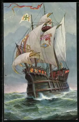 Künstler-AK Christopher Rave: Segelschiff Santa Maria, Flaggschiff des Christoph Columbus um 1492