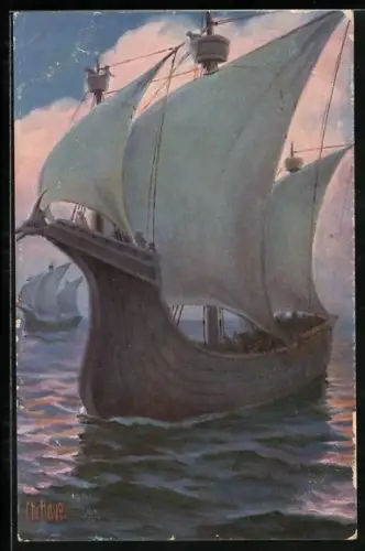 Künstler-AK Christopher Rave: Engl. Kriegsschiff unter Edurard III., 1335