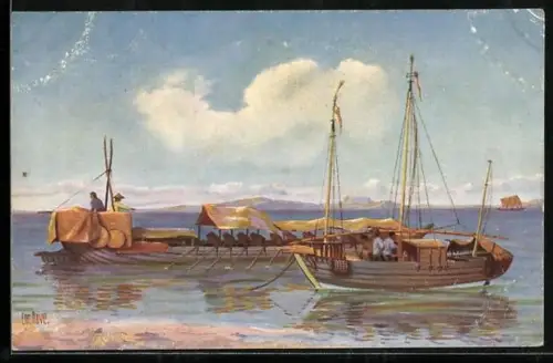 Künstler-AK Malakka, Transportboote an der Küste