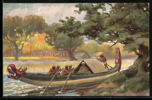 Künstler-AK Christopher Rave: Indisches Ruderboot, 19.Jahrhundert