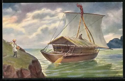 Künstler-AK Christopher Rave: Segelboot mit Schilfverdeck, Indien