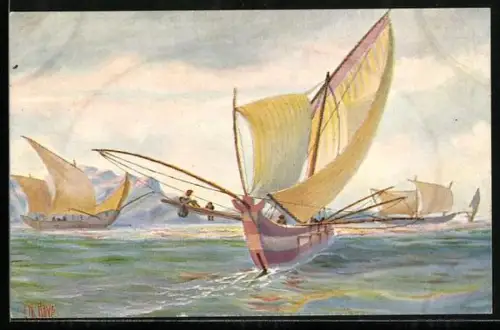 Künstler-AK Christopher Rave: Cochinchina, Segelboote mit Ausleger
