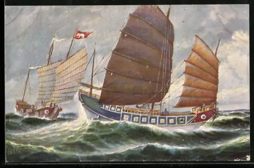 Künstler-AK Christopher Rave: Siam, Segelschiffe auf See