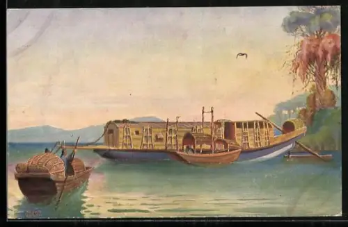 Künstler-AK Christopher Rave: Transportboot auf dem Tigris mit kleineren Booten