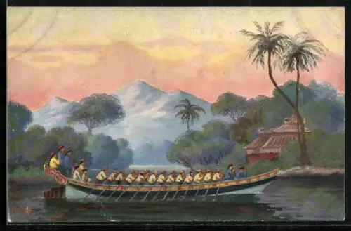 Künstler-AK Christopher Rave: Mandarinenboot in Cochinchina im 19. Jahrhundert