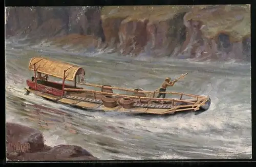 Künstler-AK Christopher Rave: Transportboot in den Stromschnellen