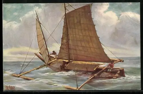 Künstler-AK Christopher Rave: Philippinen, Boot mit Ausleger auf See