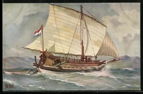 Künstler-AK Christopher Rave: Marine-Galerie, Karte Nr. 164, Javanisches Transportschiff 19. Jahrh.