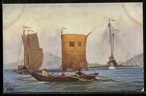 Künstler-AK Christopher Rave: Segelboot an der Küste von Manilla