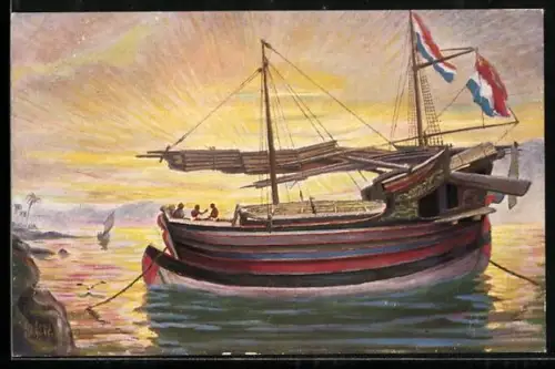 Künstler-AK Christopher Rave: Transportboot vor Anker Batavia aus dem 19. Jahrhundert