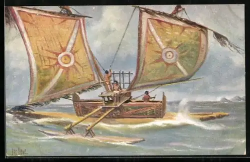 Künstler-AK Christopher Rave: Marine-Galerie, Karte Nr. 216, Auslegerboot von Neu-Guinea