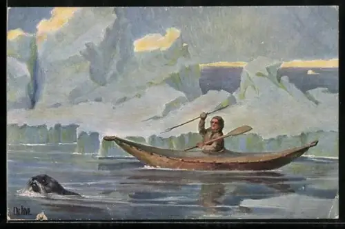 Künstler-AK Christopher Rave: Grönlandboot Kajak, Jetztzeit